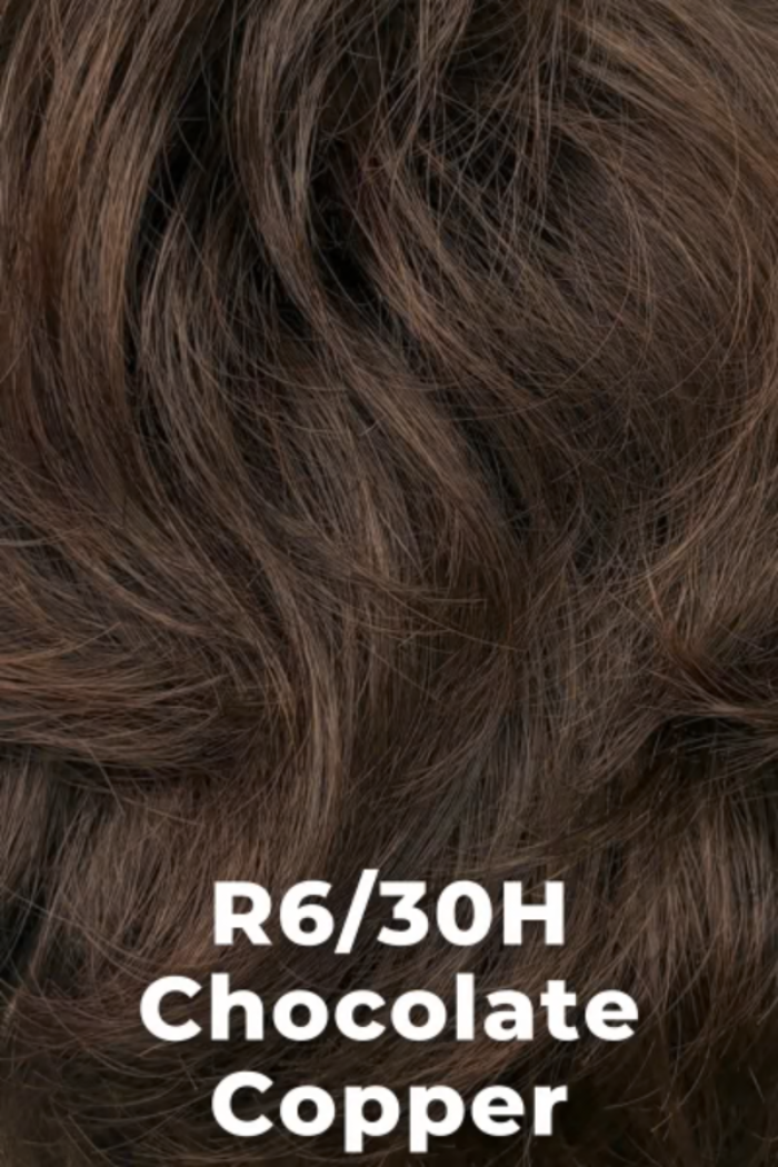 Close-up of chocolate copper hair color swatch with text 'R6/30H Chocolate Copper'.