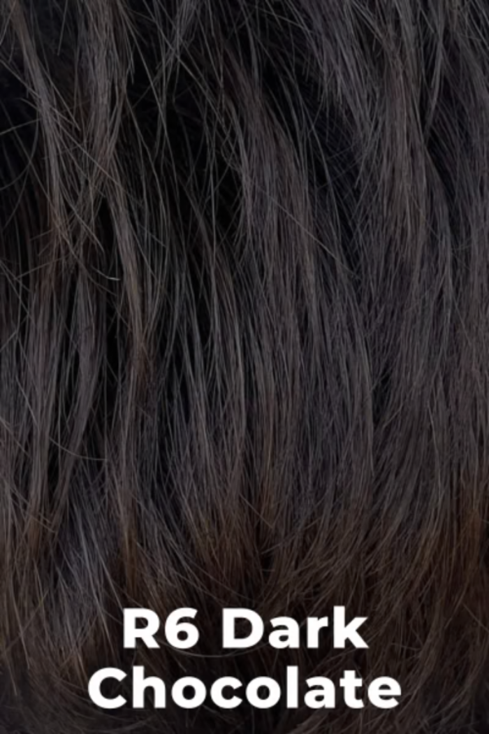 Dark chocolate hair color swatch with text 'R6 Dark Chocolate' on a black background