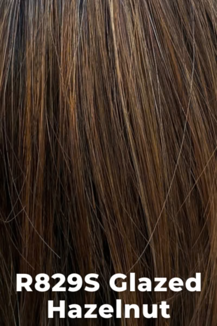 Close-up of dark brown hair with 'R829S Glazed Hazelnut' text overlay
