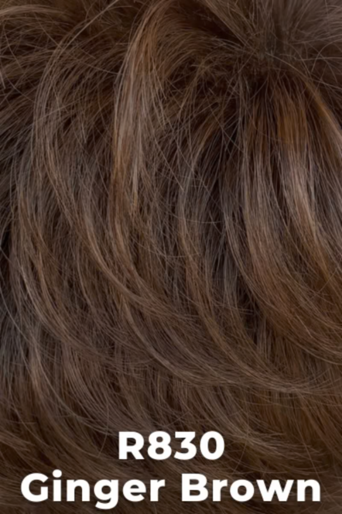 Close-up of ginger brown hair extension labeled R830