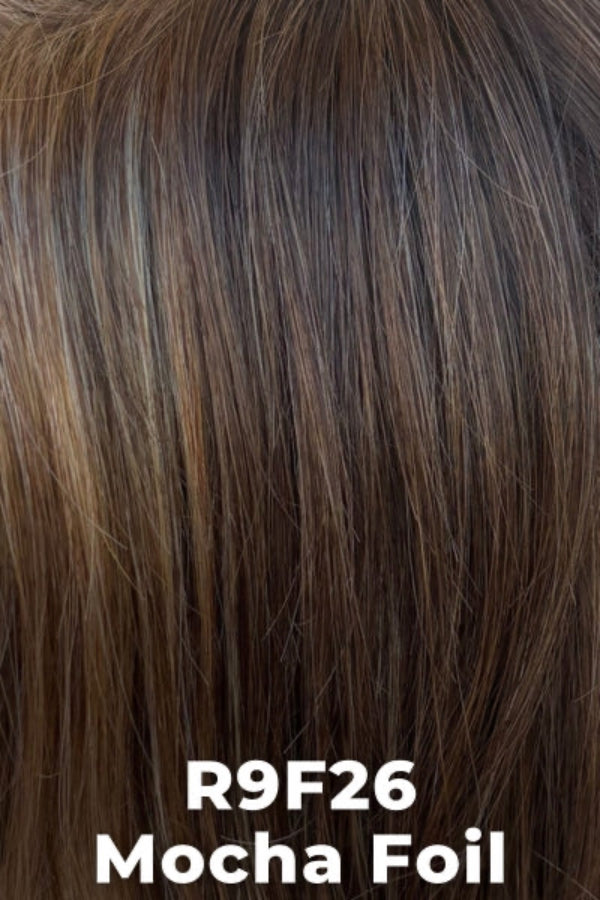 Close-up of brown hair with 'R9F26 Mocha Foil' text overlay