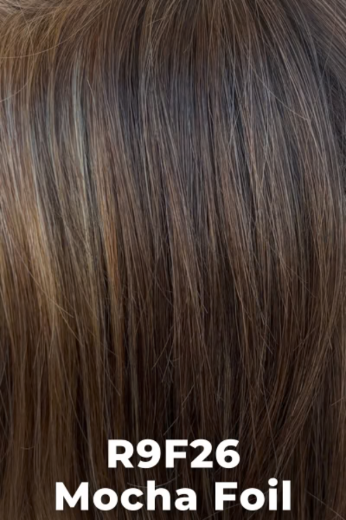 Close-up of brown hair with 'R9F26 Mocha Foil' text overlay