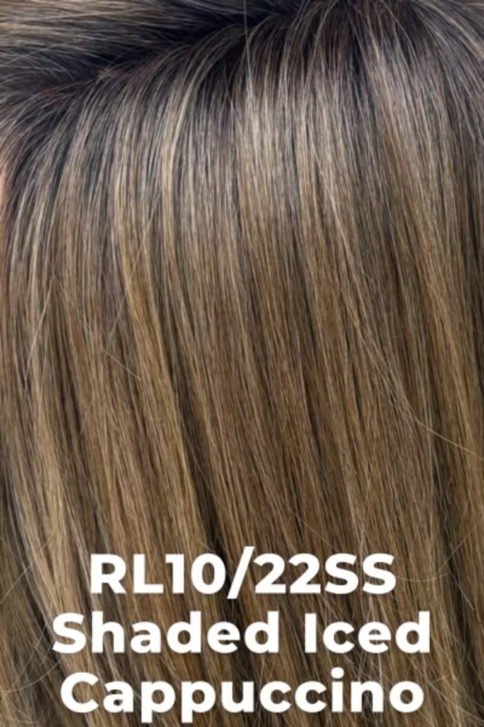 Close-up of brown hair with a color label 'RL10/22SS Shaded Iced Cappuccino'.