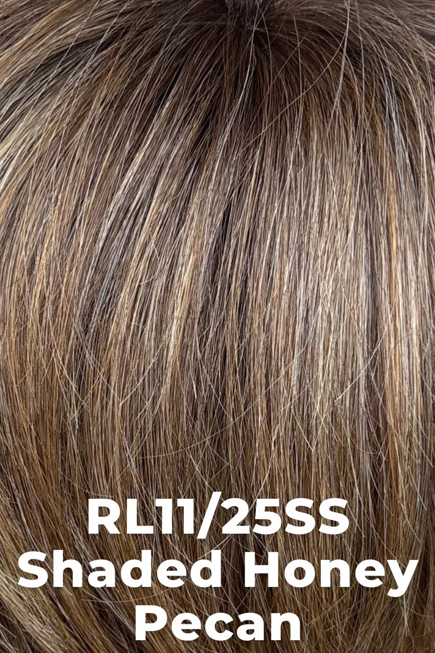 Close-up of hair strands in a blended brown shade with warm honey and tan variation, overlaid with the text 'RL11/25SS Shaded Honey Pecan'.