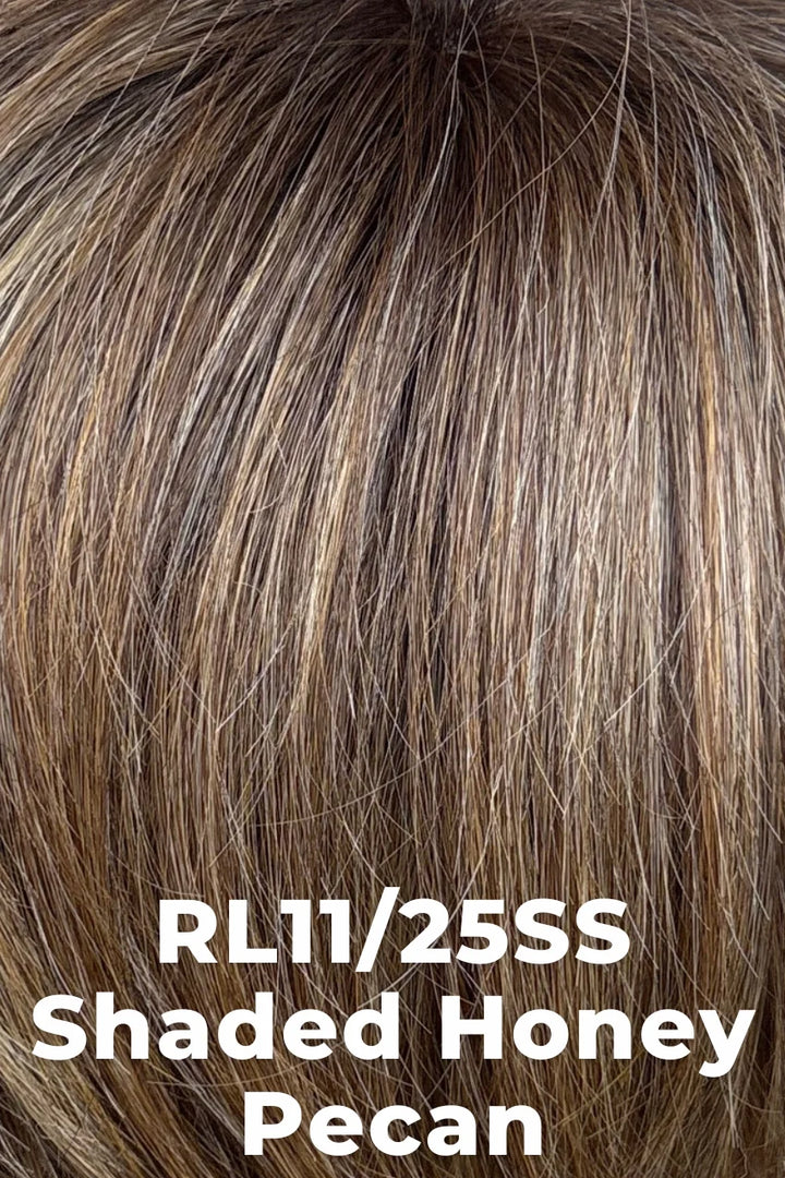 Close-up of hair strands in a blended brown shade with warm honey and tan variation, overlaid with the text 'RL11/25SS Shaded Honey Pecan'.