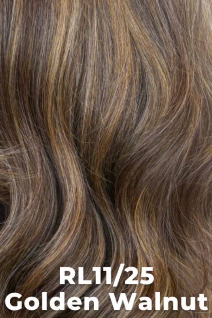 Close-up of wavy hair with a color label 'RL11/25 Golden Walnut'.
