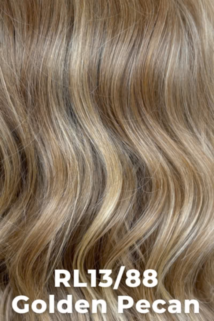 Close-up of wavy hair with a color label 'RL13/88 Golden Pecan'.