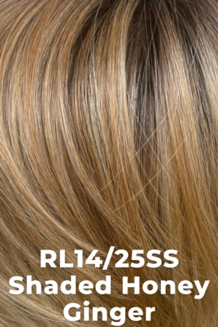 Close-up of brown hair with a gradient, labeled RL14/25SS Shaded Honey Ginger.