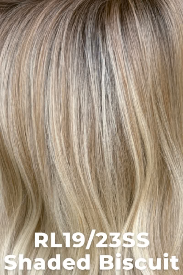 Close-up of wavy hair with a gradient color and text 'RL19/23SS Shaded Biscuit'.
