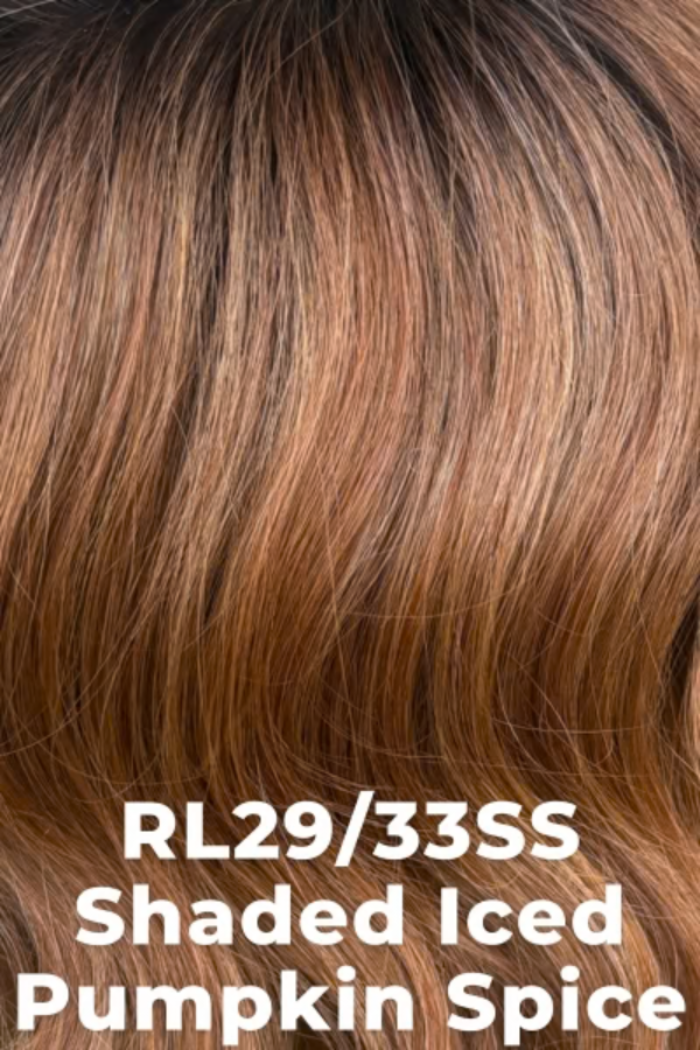 Close-up of brown hair with 'RL29/33SS Shaded Iced Pumpkin Spice' text overlay.