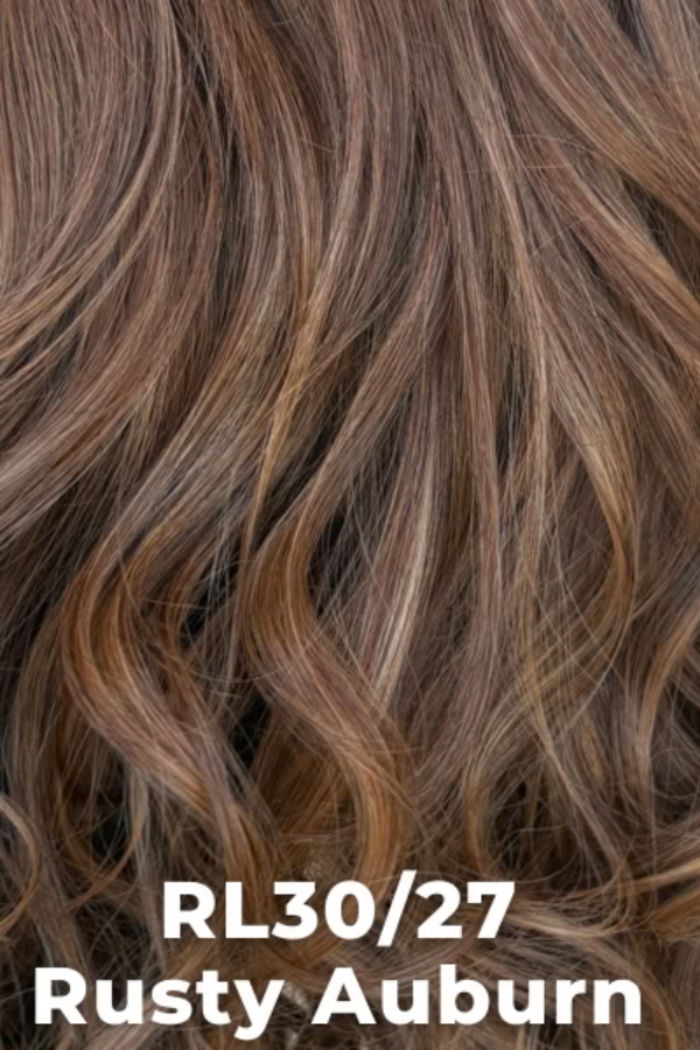 Close-up of wavy hair with a color label 'RL30/27 Rusty Auburn'.