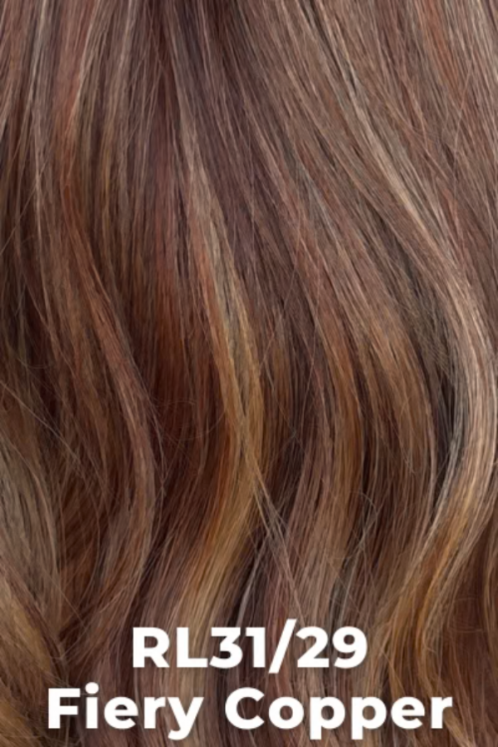 Close-up of wavy hair with 'Fiery Copper' color swatch labeled RL31/29.
