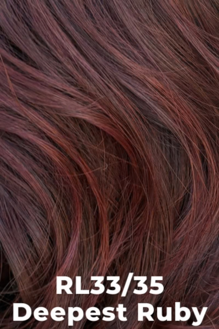 Close-up of hair with 'Deepest Ruby' color swatch labeled RL33/35.