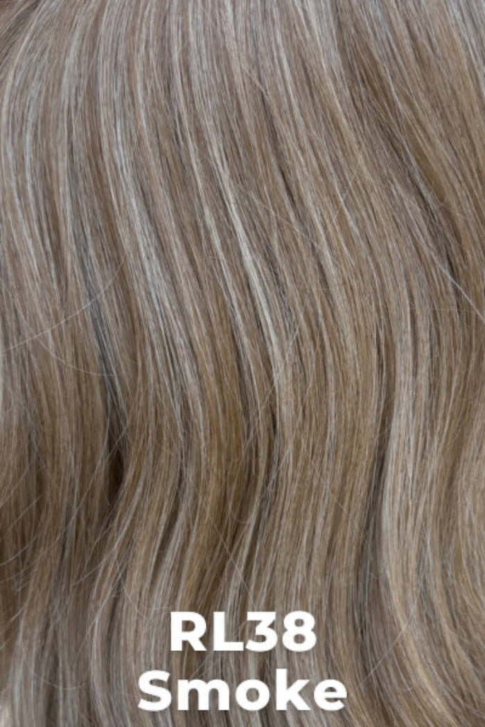 Close-up of wavy hair with a color label 'RL38 Smoke' in the foreground.