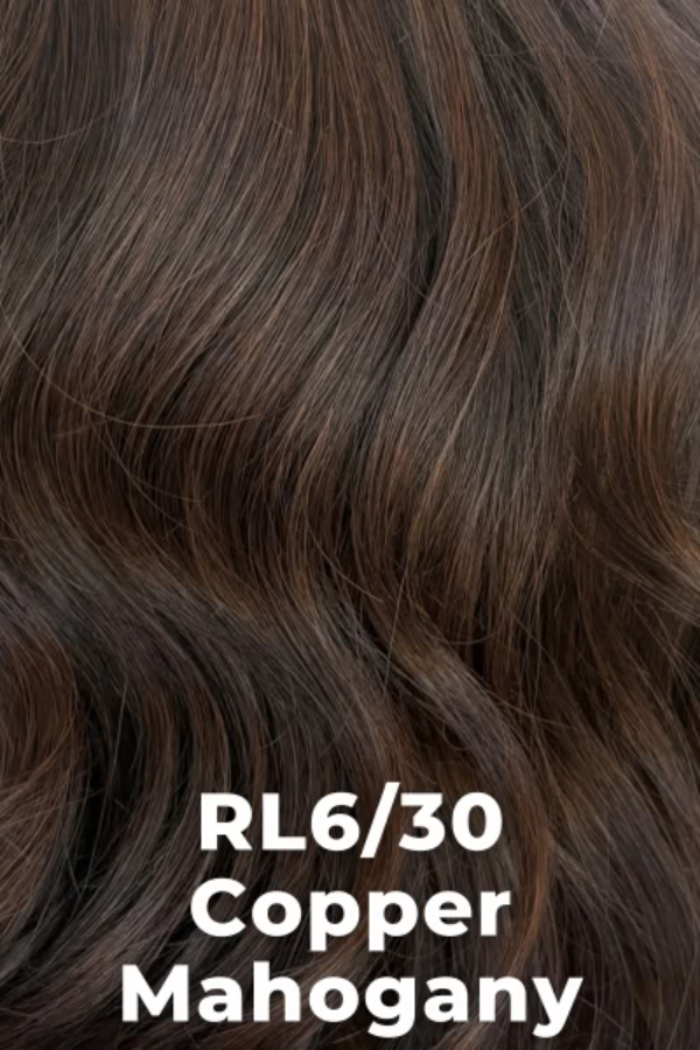 Close-up of brown hair with 'RL6/30 Copper Mahogany' text overlay