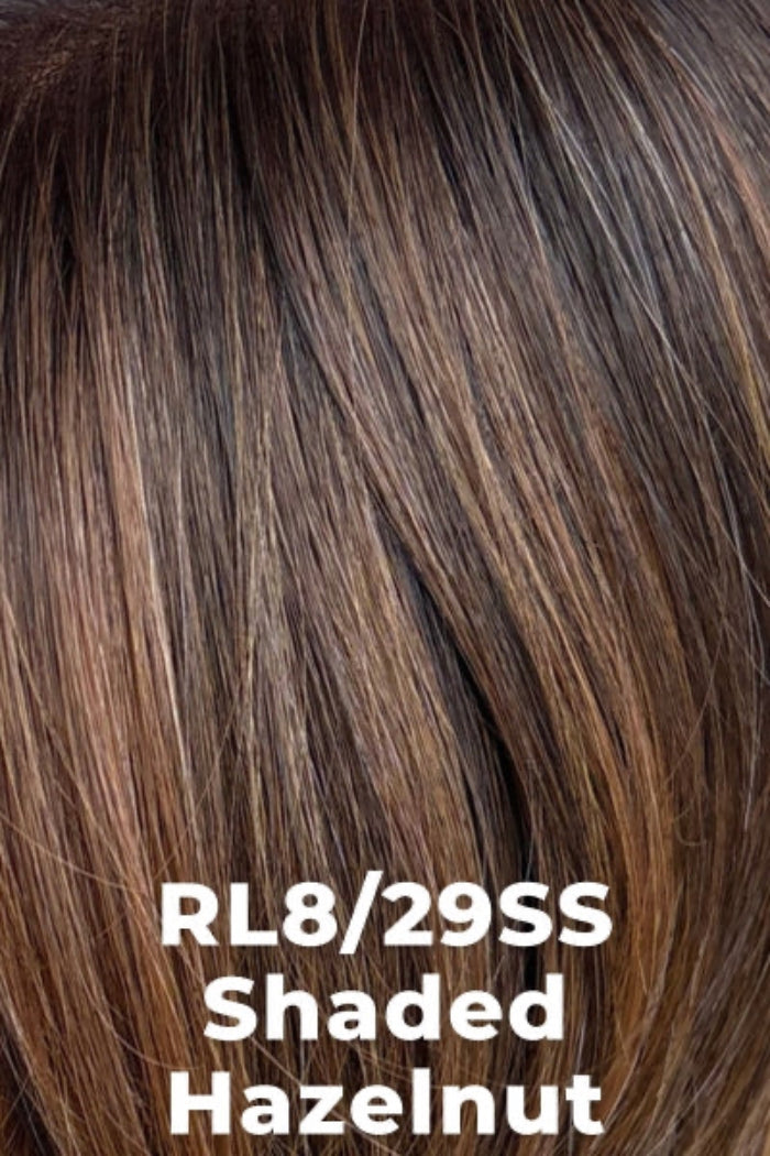 Close-up of brown hair with a color code label 'RL8/29SS Shaded Hazelnut'.