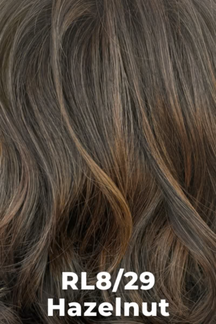 Close-up of hair color RL8/29 Hazelnut with wavy texture.