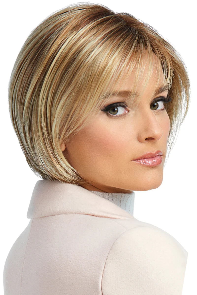 Woman with a styled haircut on a white background