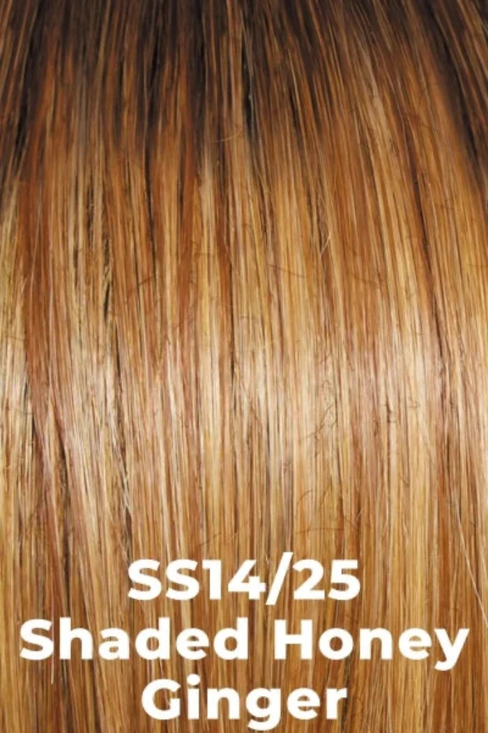 Close-up of straight hair in a highlighted honey ginger shade, with white text reading 'SS14/25 Shaded Honey Ginger' at the bottom.