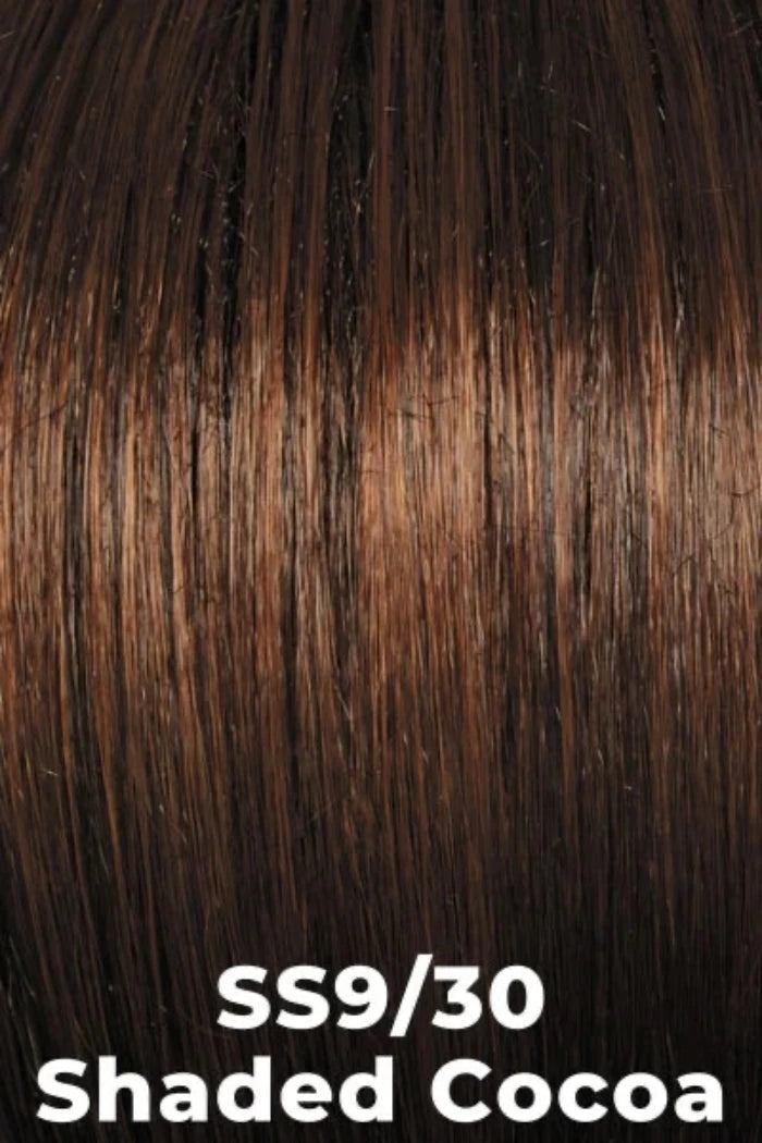 Close-up hair color swatch showing straight dark brown to black hair with warm caramel and auburn highlights, labeled 'SS9/30 Shaded Cocoa'.