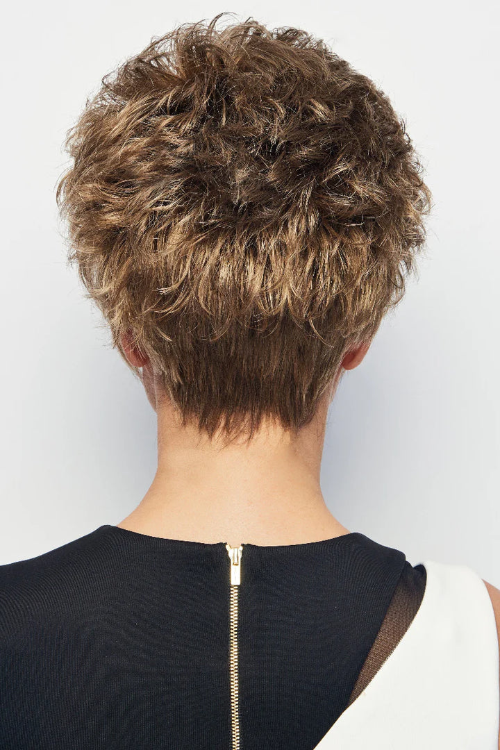 Back view of a person with short, styled hair on a plain background