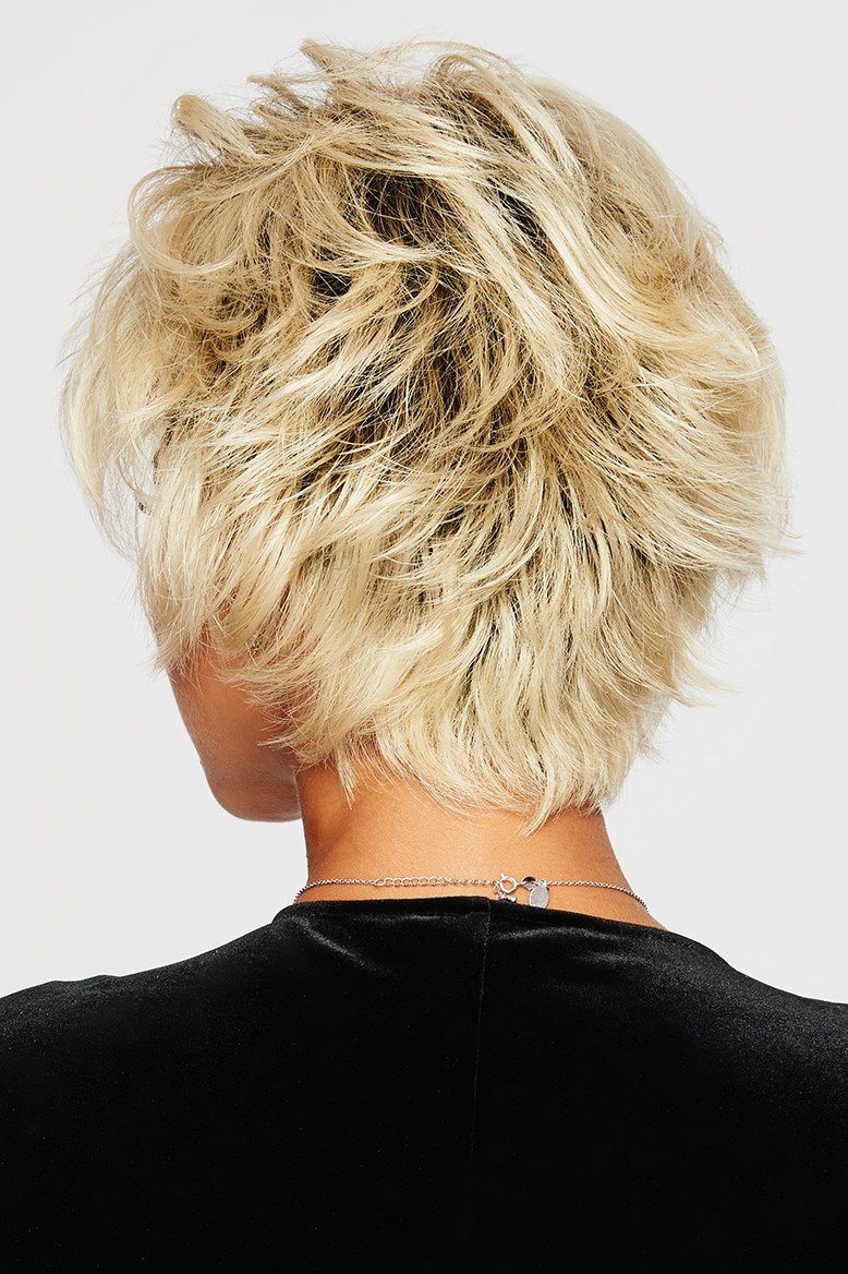 Back view of a person with short blonde hair on a white background
