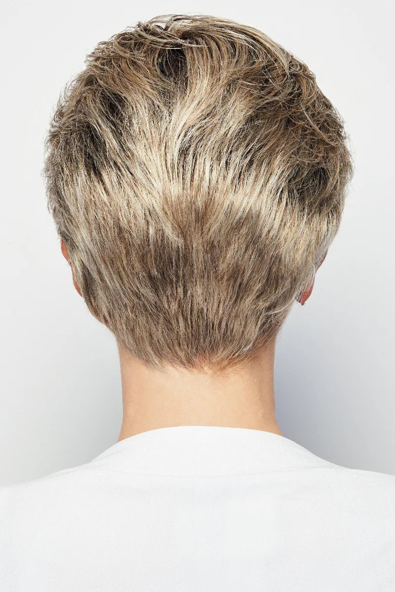 Back view of a person with a short, styled haircut on a plain background