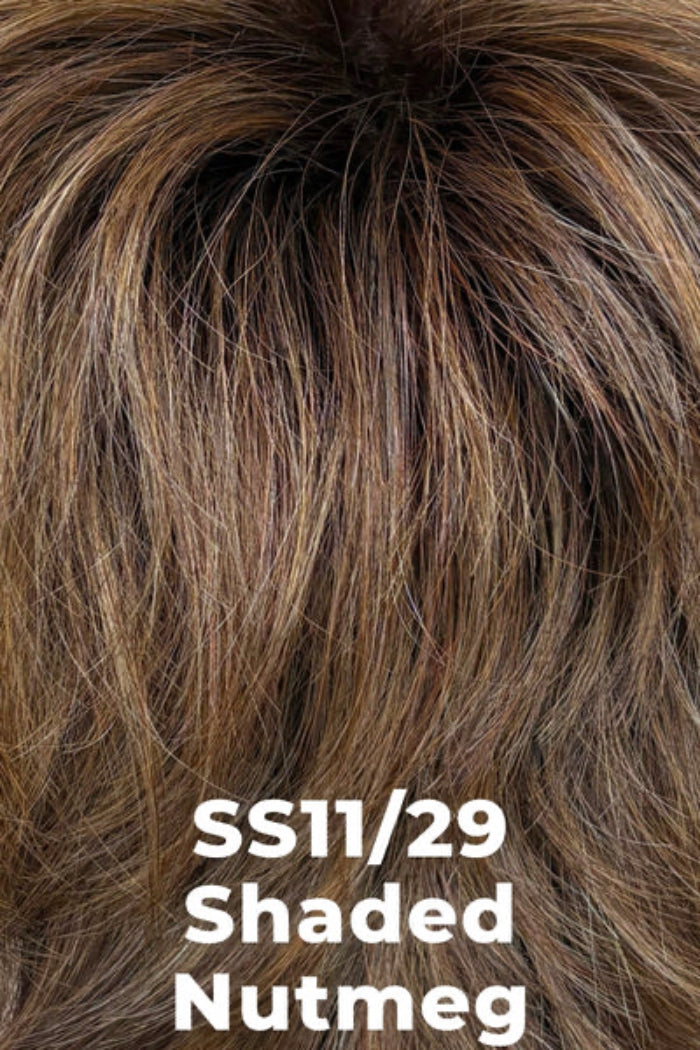 Close-up of a hair color swatch showing blended medium brown and warm blonde highlighted strands, labeled 'SS11/29 Shaded Nutmeg' in white text.