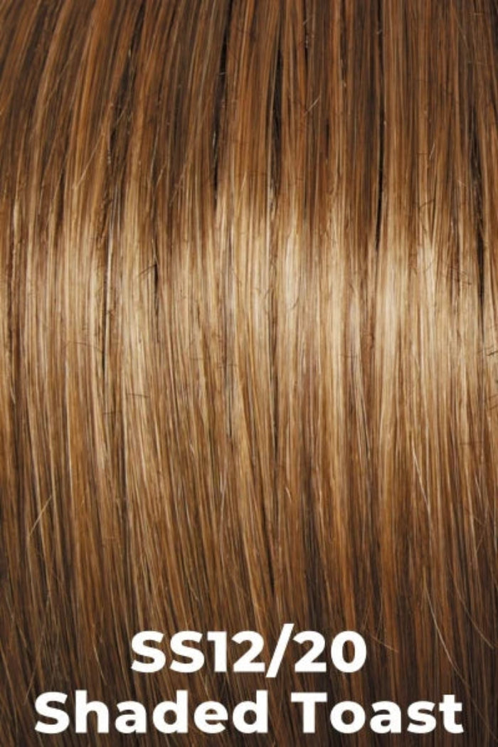 Close-up hair color swatch showing straight medium brown to warm golden-brown hair with the text 'SS12/20 Shaded Toast' at the bottom.
