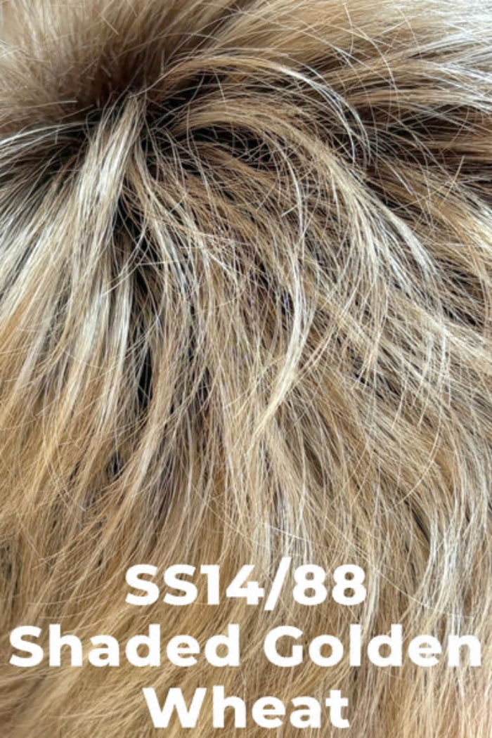Close-up of shaggy faux fur or a fur-like textile in a blended golden-tan shade, with overlaid text reading 'SS14/88 Shaded Golden Wheat'.
