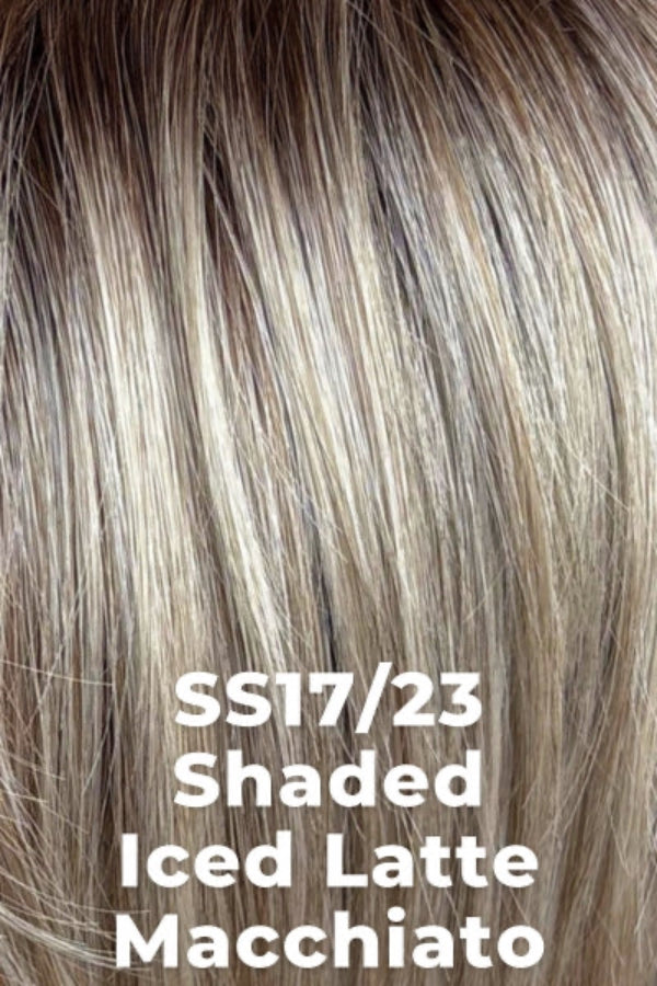 Close-up of hair with a color description 'SS17/23 Shaded Iced Latte Macchiato' displayed.