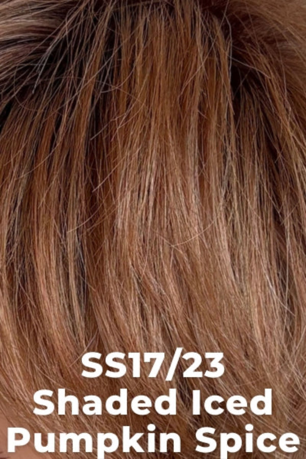 Close-up of brown hair with 'SS17/23 Shaded Iced Pumpkin Spice' text overlay.