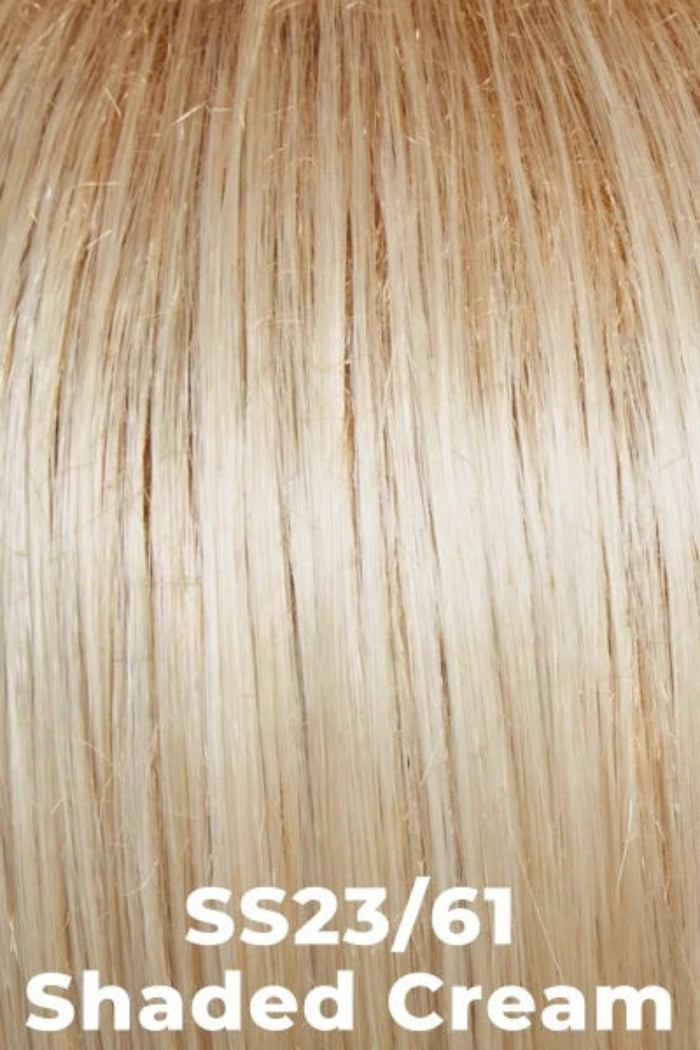 Close-up of straight hair in a light cream blonde shade with text reading 'SS23/61 Shaded Cream' at the bottom.