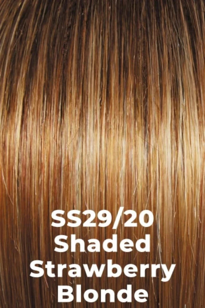 Close-up of straight hair in a strawberry blonde shade with overlaid text reading 'SS29/20 Shaded Strawberry Blonde'.