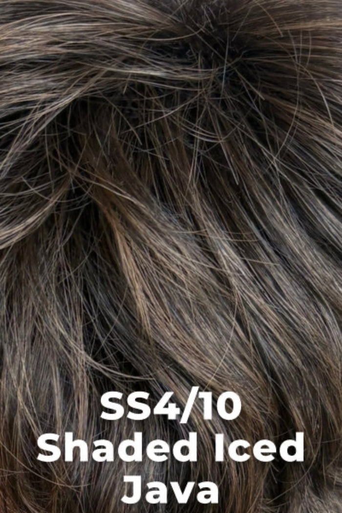 Close-up of dark brown to black hair with ash blonde highlights, labeled 'SS4/10 Shaded Iced Java' in white text at the bottom.