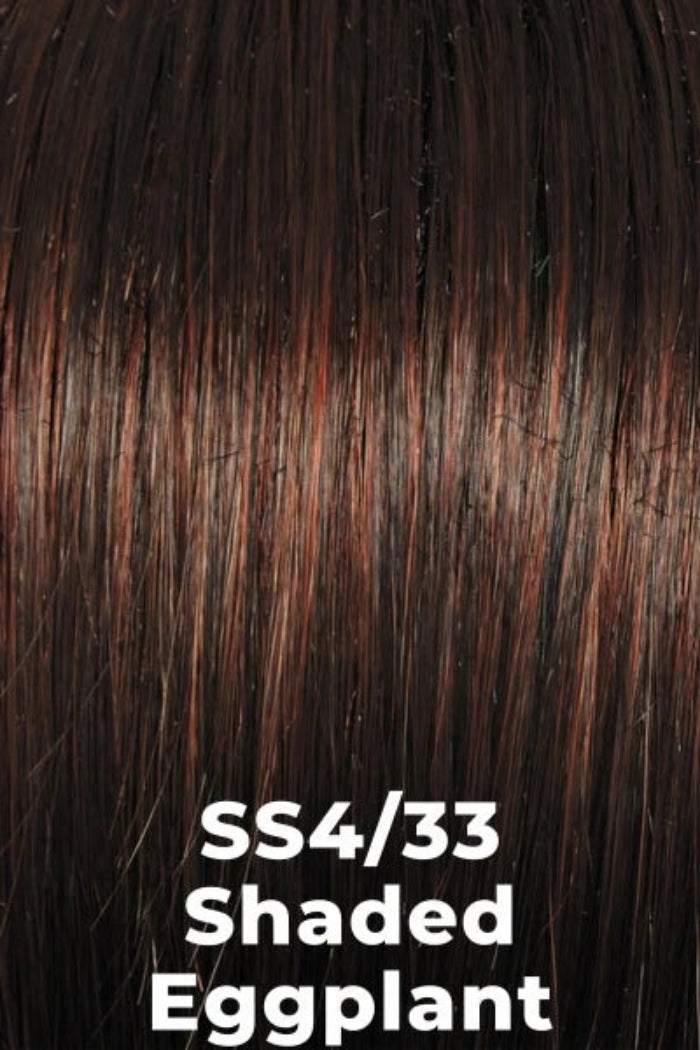 Close-up of dark brown hair with warm reddish-brown highlights, labeled 'SS4/33 Shaded Eggplant' in white text.