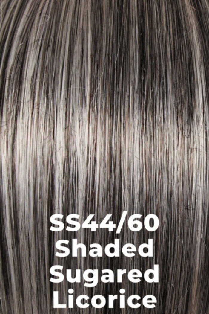 Close-up of straight hair in a dark ash brown to silver-gray shade with white text overlay reading 'SS44/60 Shaded Sugared Licorice'.