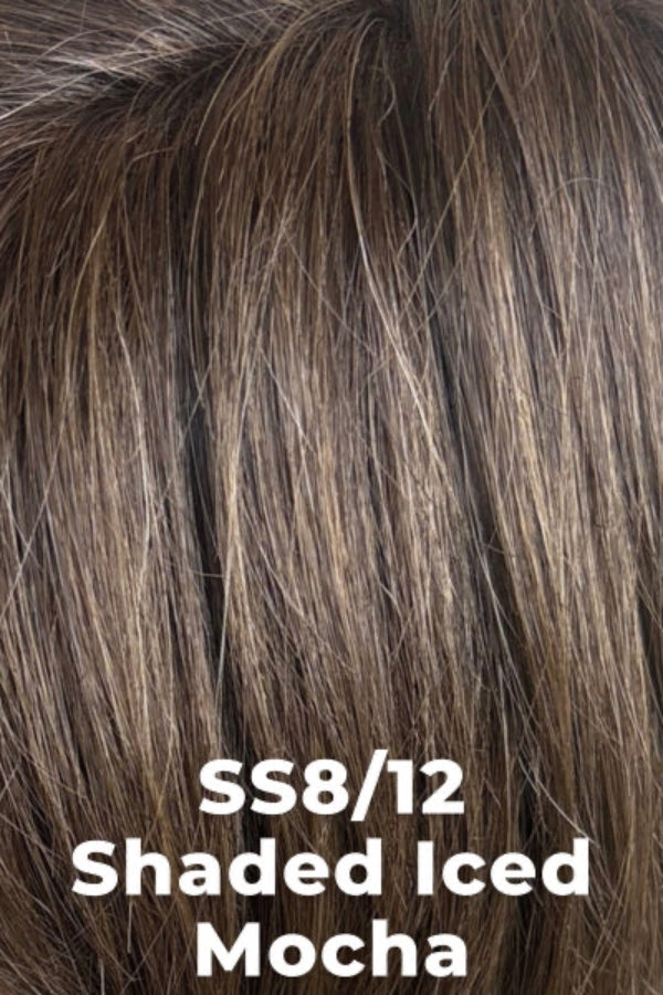 Close-up of brown hair with 'SS8/12 Shaded Iced Mocha' text overlay