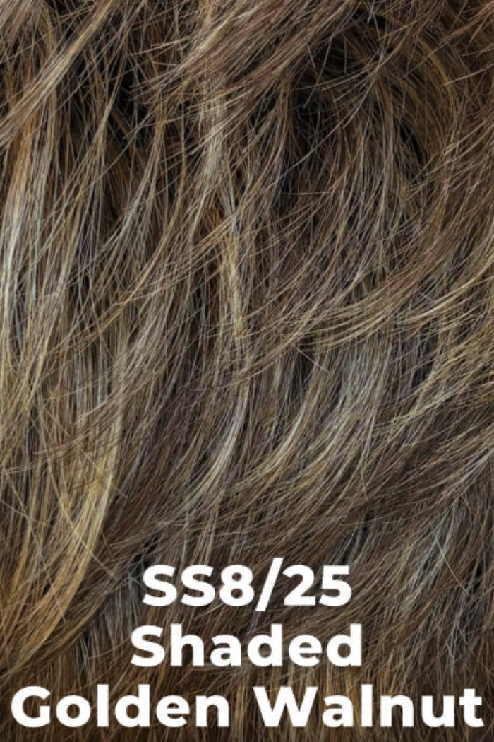 Close-up of hair strands in a brown-to-golden-brown blended shade, with overlaid text reading 'SS8/25 Shaded Golden Walnut'.