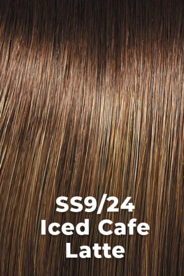 Hair color swatch labeled 'SS9/24 Iced Cafe Latte' with a brown background.