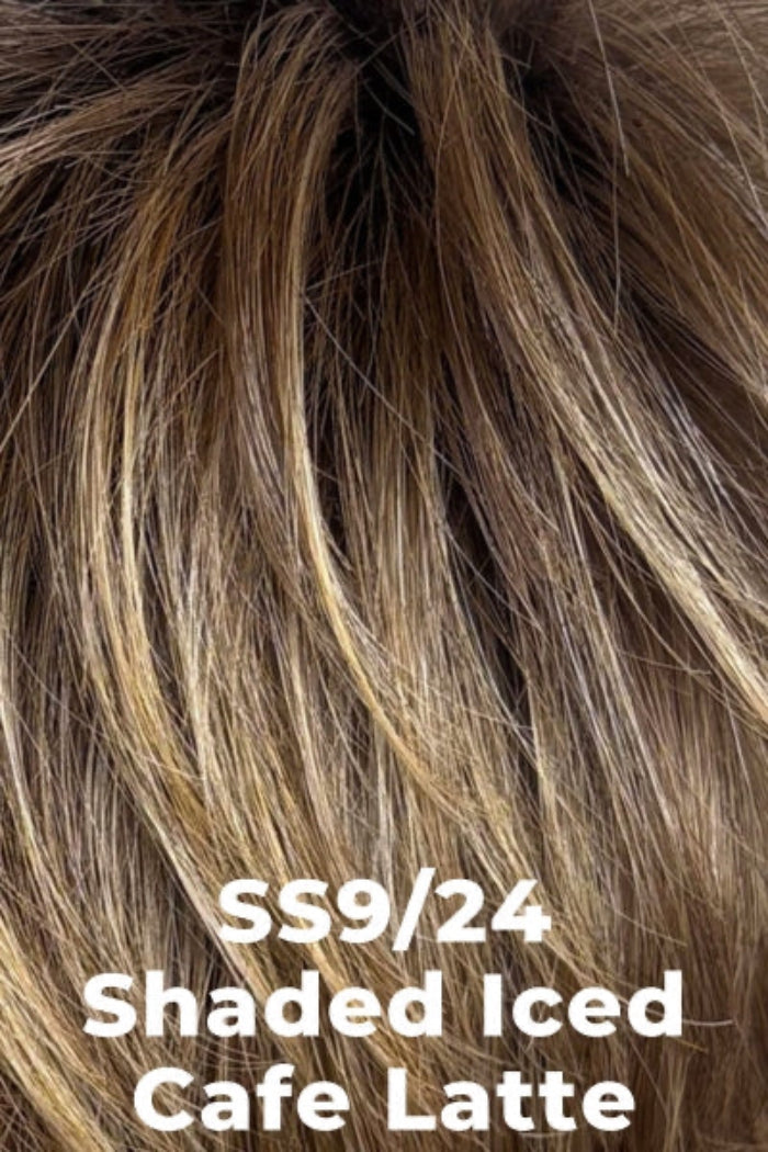 Close-up of hair strands in a blended ash brown shade with light blonde highlights, overlaid with the text 'SS9/24 Shaded Iced Cafe Latte'.