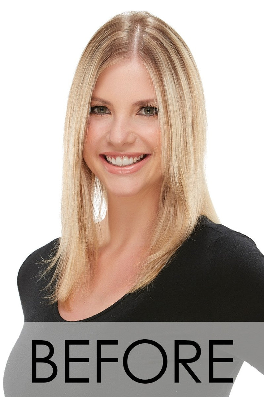 Woman with Jon Renau Shaded Praline Topper wearing a black sleeveless top on a white background