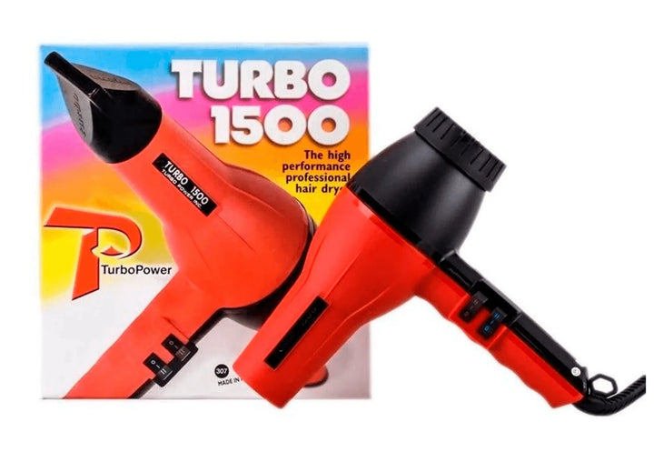 TurboPower Turbo 1500 hair dryer in red and black, shown next to its colorful retail packaging box on a plain white background.