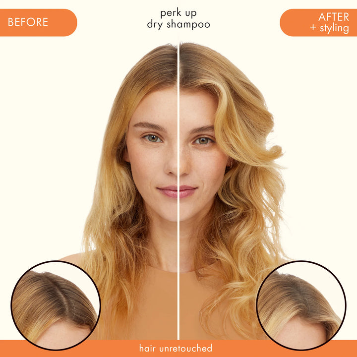 Amika Perk Up Talc-Free Dry Shampoo model before and after