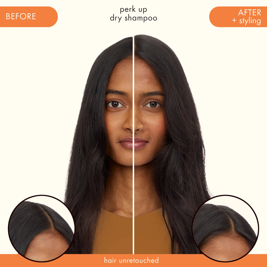 Amika Perk Up Talc-Free Dry Shampoo model before and after