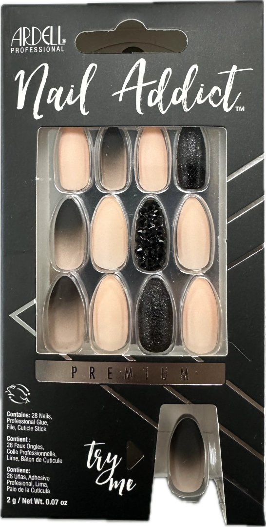 Ardell Nail Addict Artificial Nail Set Black Stud Pink Ombre image of box with artificial nails