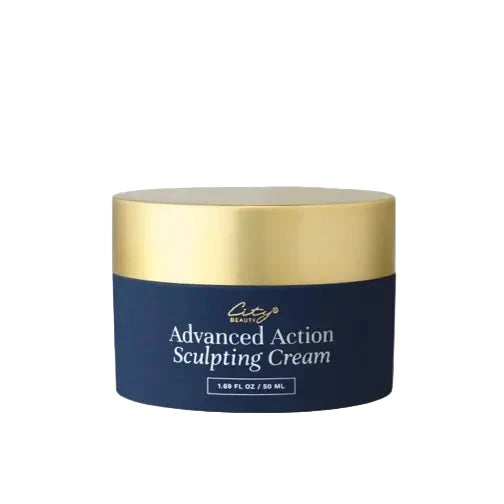 Cosmetic jar labeled 'Advanced Action Sculpting Cream' with gold lid on a light gray background