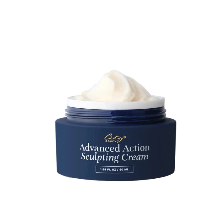 Blue jar of 'Cicy Beauty' Advanced Action Sculpting Cream on a light gray background