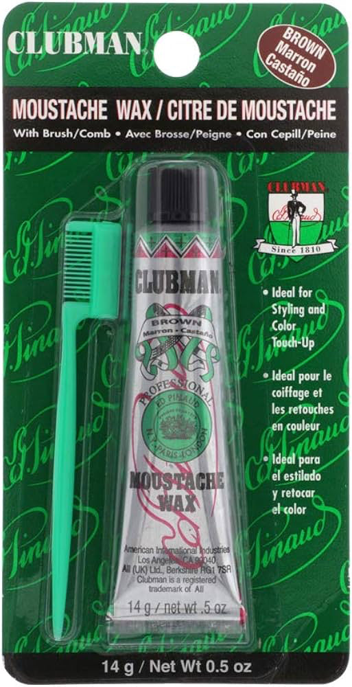 Clubman Moustache Wax in Brown, featuring a green blister card with a tube of wax, a green comb, and a brown color swatch circle labeled BROWN.