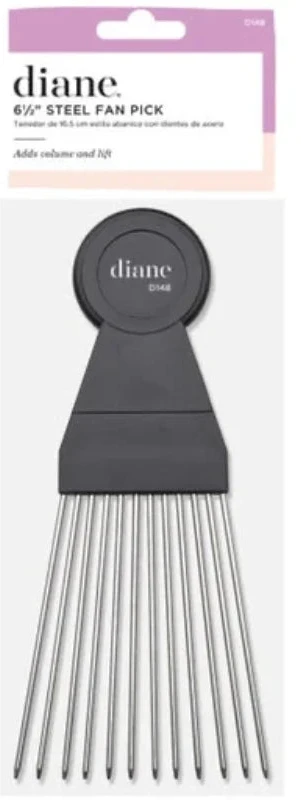 A packaged Diane 6 1/2 inch steel fan pick with a black plastic handle and multiple thin silver metal prongs, shown on a white background with a pink-and-white header card.